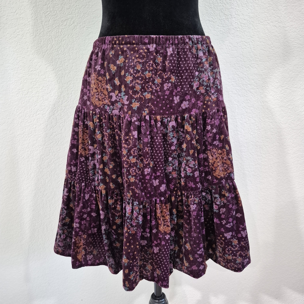 Purple Floral Tiered A-Line Skirt with Stretchy Waistband